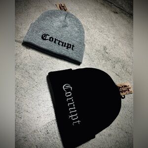 Grey and black Corrupt beanies with Corrupt sticker #streetwear #skater